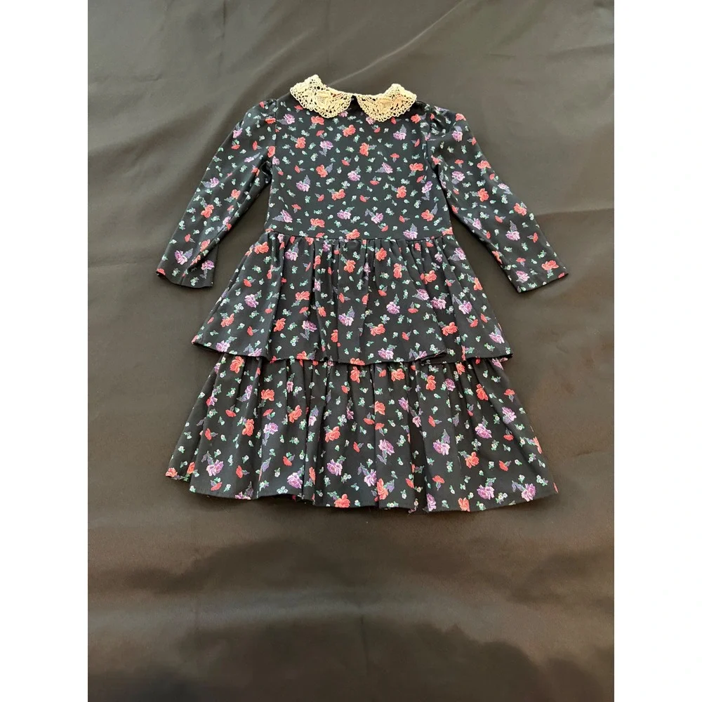 Vintage Floral Tiered Dress Black Red Purple Lace Collar Long Sleeve
